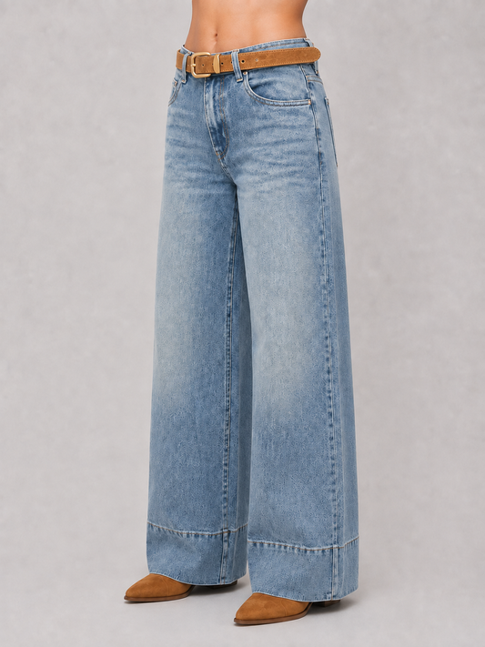 Jeans Wide Leg Cuff Suede Belt