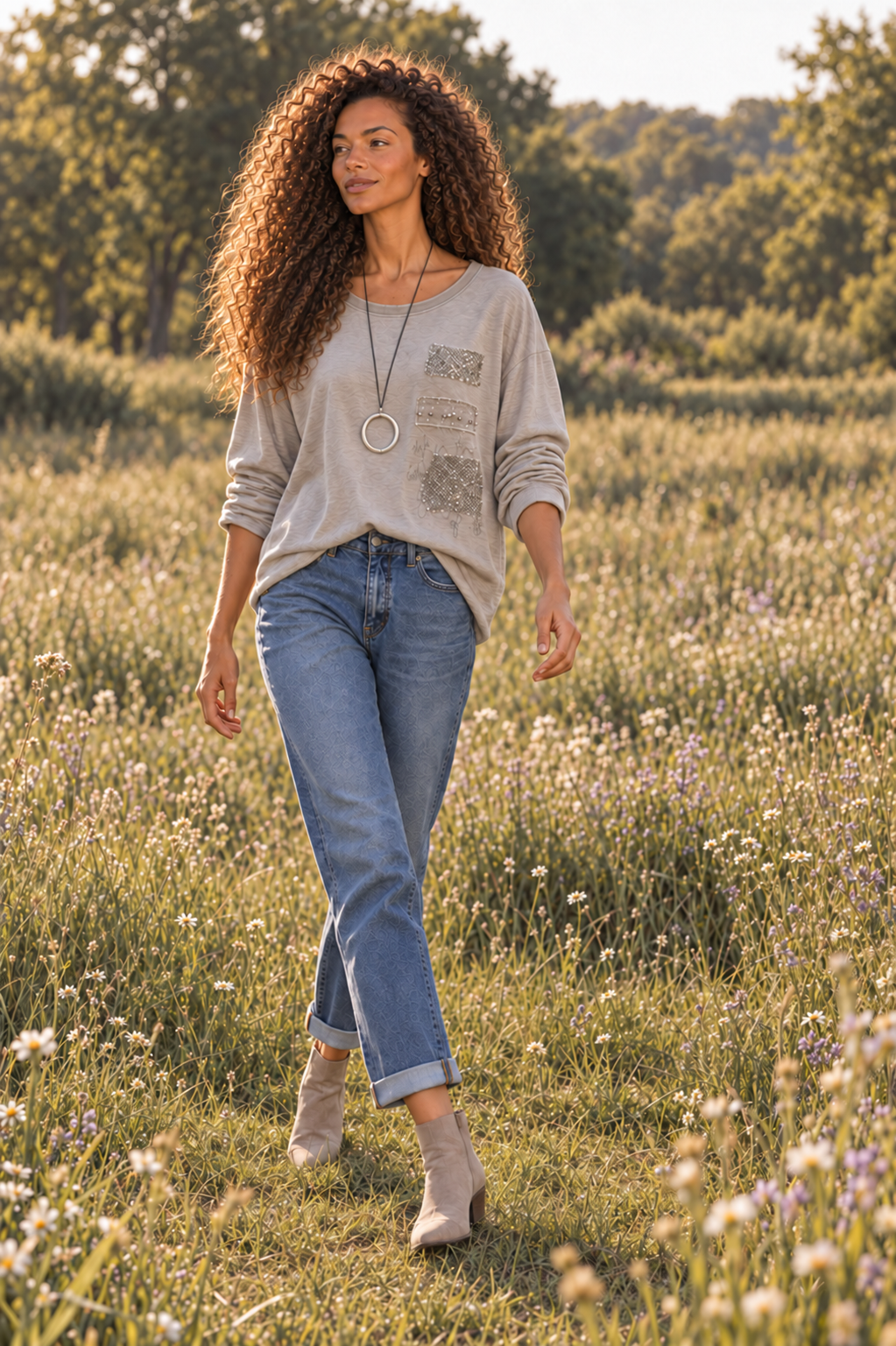 Look de mujer con Polera Shiny Patches vison de algodón y Jeans Relaxed Tapered